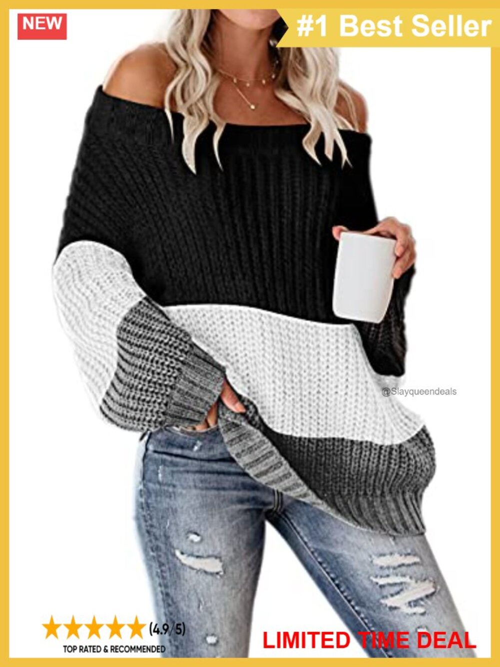 Women's Off Shoulder Color Block Oversized Pullover Sweater Chunky Knit